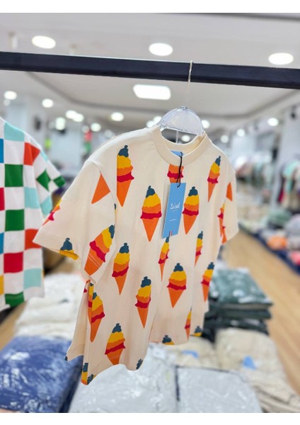 Dondurma Desenli Tshirt ve Şortlu Kız Çocuk Ikili Takım