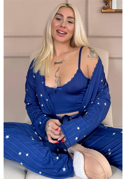 Gece Mavisi Nuit Stellaire Desenli Sabahlıklı Marlenka Pijama Takımı