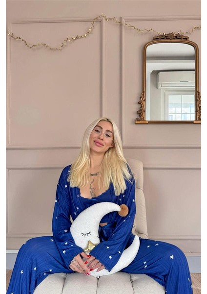 Gece Mavisi Nuit Stellaire Desenli Sabahlıklı Marlenka Pijama Takımı