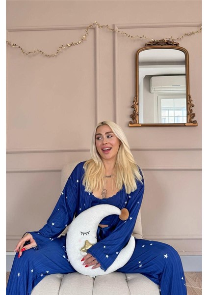 Gece Mavisi Nuit Stellaire Desenli Sabahlıklı Marlenka Pijama Takımı