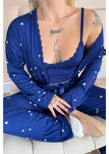 Gece Mavisi Nuit Stellaire Desenli Sabahlıklı Marlenka Pijama Takımı