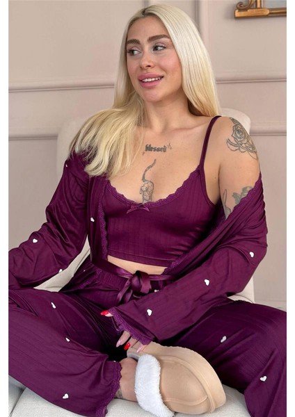 Mürdüm Amour Desenli Sabahlıklı Marlenka Pijama Takımı