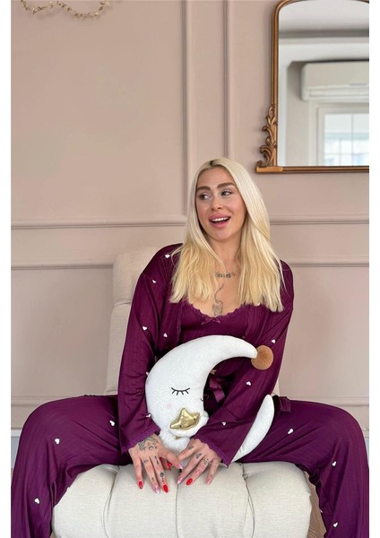 Mürdüm Amour Desenli Sabahlıklı Marlenka Pijama Takımı