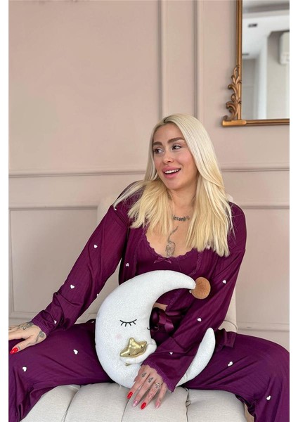 Mürdüm Amour Desenli Sabahlıklı Marlenka Pijama Takımı