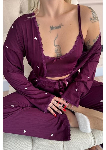 Mürdüm Amour Desenli Sabahlıklı Marlenka Pijama Takımı
