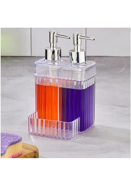 Bölmeli Şeffaf Akrilik Sabunluk ve Deterjanlık - Sünger Hazneli, Mutfak ve Banyo İçin Pratik Şeffaf Plastik Sabunluk Dispenseri, Dayanıklı ve Kullanışlı Tasarım