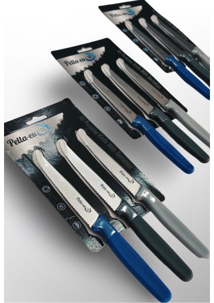 Tırtıklı 21,5 cm Mavi, Koyu Gri ve Gri 3lü Bıçak Seti