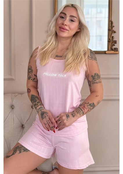 Pembe Pillow Talk Desenli Şortlu Marlenka Kadın Pijama Takımı