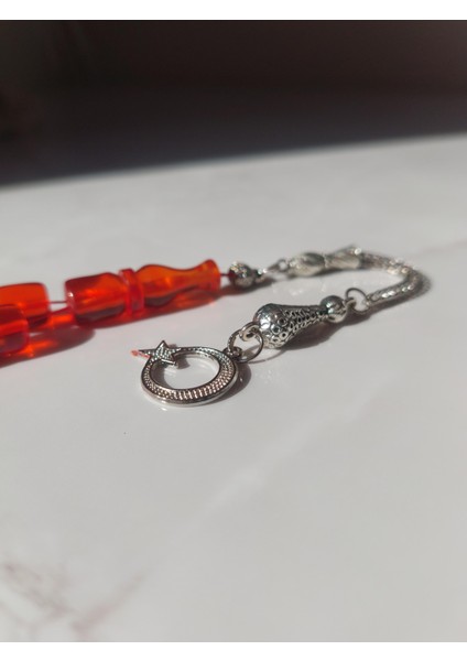 Ateş Kehribar Tesbih, 8 x 9,5, Kapsül Kesim, Metal Püskül