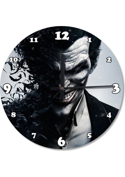 Modern siyah beyaz joker temalı 30 cm ahşap duvar saati