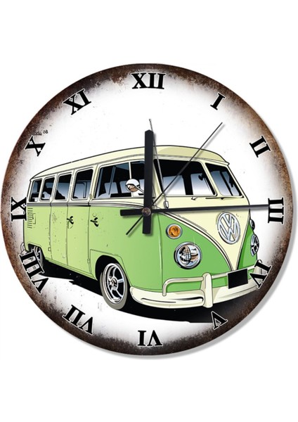 Yeşil Vosvos Minibüs Duvar Saati, Retro Stil, 30x30 cm, Beyaz Renk