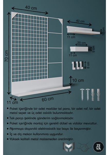 Modüler Metal Duvar Rafı - Tel Izgara Dekoratif Modüler Raf Sistemi, Tak-Çıkar Raflı & Askılıklık