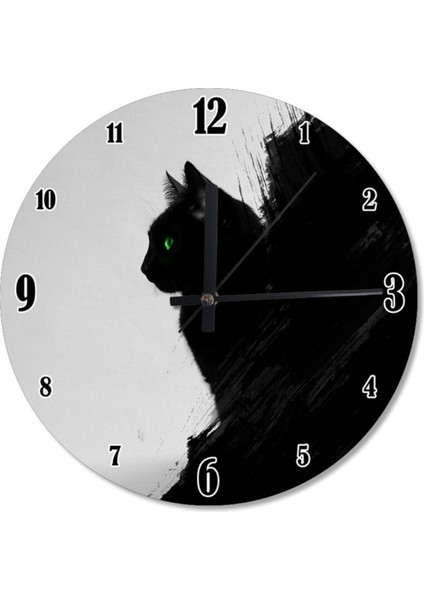 30 cm yeşil gözlü kara kedi temalı modern duvar saati, beyaz renkli ve şık tasarım