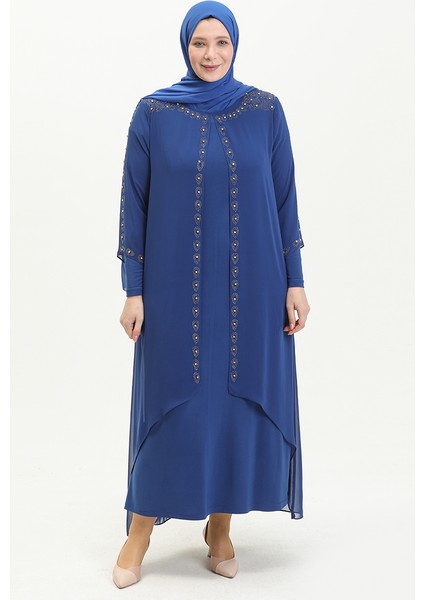 Büyük Beden Taş Baskılı Abiye Elbise 5066A-07 Saks