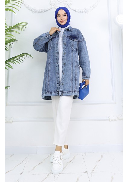 Owersize Kot Ceket 2746-03 Mavi