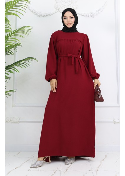 Krep Kumaş Kolu Lastikli Elbise 0029-08 Bordo