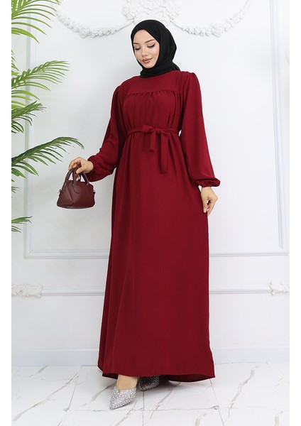 Krep Kumaş Kolu Lastikli Elbise 0029-08 Bordo fiyatları
