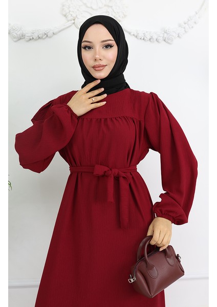 Krep Kumaş Kolu Lastikli Elbise 0029-08 Bordo modelleri