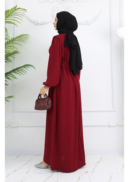 Krep Kumaş Kolu Lastikli Elbise 0029-08 Bordo indirimleri