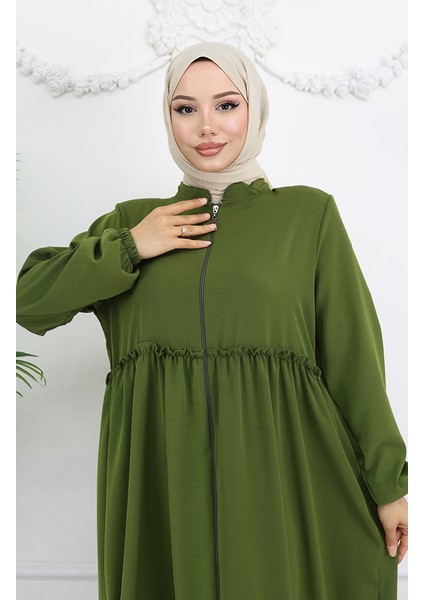 Fırfır Detaylı Boydan Fermuarlı Ferace 0024-02 Haki modelleri