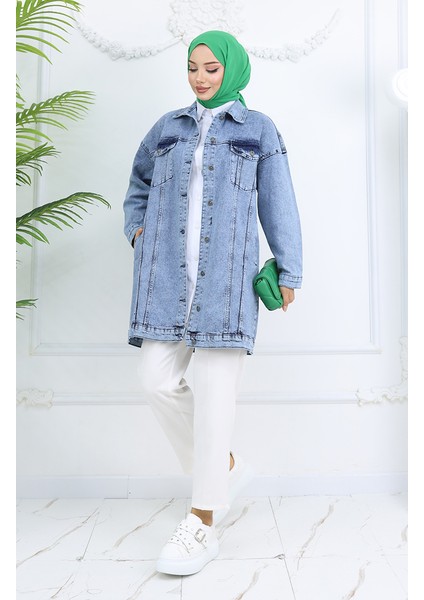 Owersize Kot Ceket 2746-02 Açık Mavi