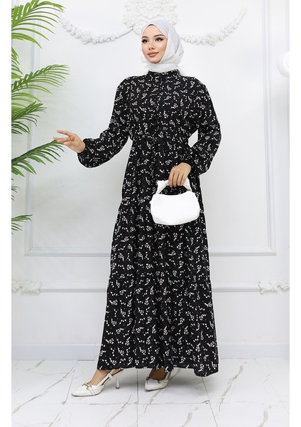 Yarım Düğmeli Çiçek Desenli Elbise 0025-05 Siyah