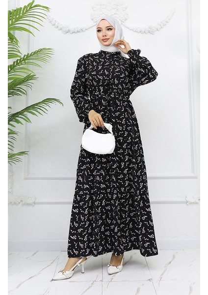Yarım Düğmeli Çiçek Desenli Elbise 0025-05 Siyah fiyatları