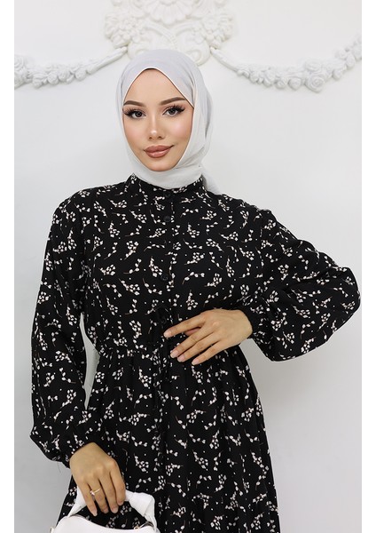 Yarım Düğmeli Çiçek Desenli Elbise 0025-05 Siyah modelleri
