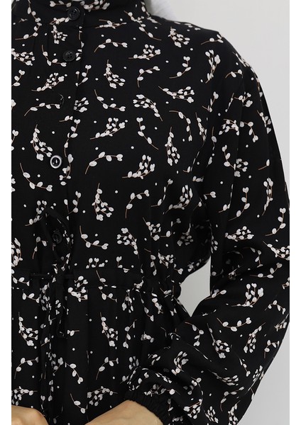 Yarım Düğmeli Çiçek Desenli Elbise 0025-05 Siyah fırsatları