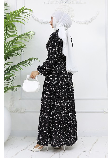 Yarım Düğmeli Çiçek Desenli Elbise 0025-05 Siyah indirimleri