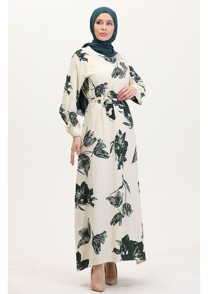 Desenli Kuşaklı Viskon Elbise 0022-01 Krem Koyu Yeşil fiyatları
