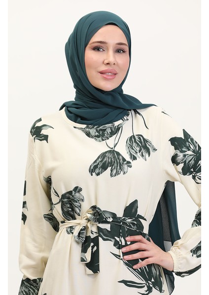 Desenli Kuşaklı Viskon Elbise 0022-01 Krem Koyu Yeşil modelleri