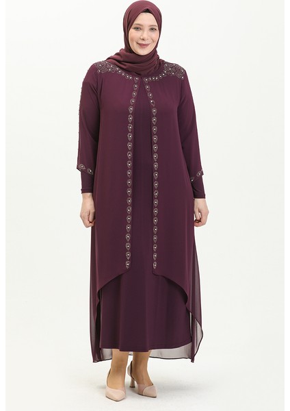 Büyük Beden Taş Baskılı Abiye Elbise 5066A-03 Mor