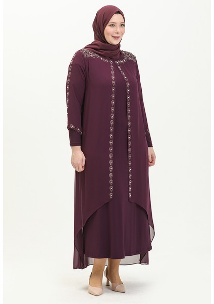 Büyük Beden Taş Baskılı Abiye Elbise 5066A-03 Mor fiyatları