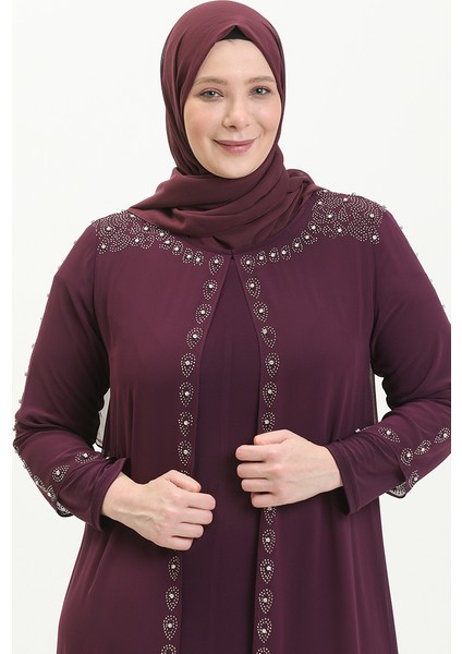 Büyük Beden Taş Baskılı Abiye Elbise 5066A-03 Mor modelleri