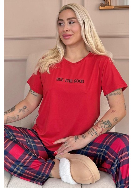 Kırmızı See The Good Desenli Kısa Kollu Örme Kadın Pijama Takım