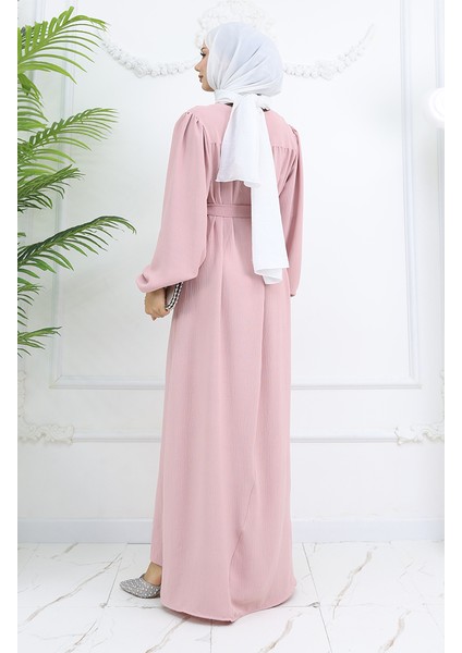 Krep Kumaş Kolu Lastikli Elbise 0029-09 Pudra indirimleri