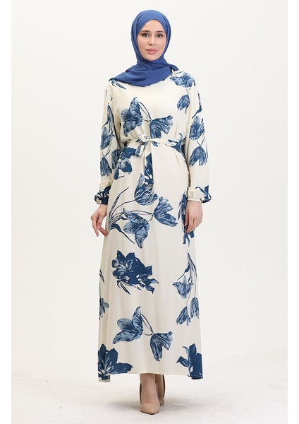Desenli Kuşaklı Viskon Elbise 0022-02 Krem Petrol