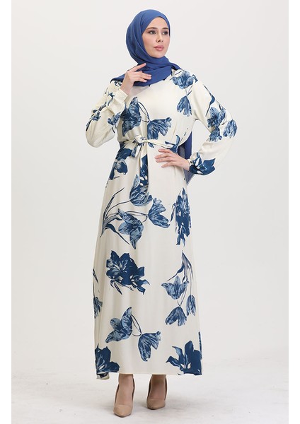 Desenli Kuşaklı Viskon Elbise 0022-02 Krem Petrol fiyatları