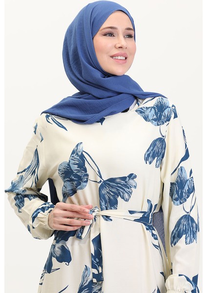 Desenli Kuşaklı Viskon Elbise 0022-02 Krem Petrol modelleri