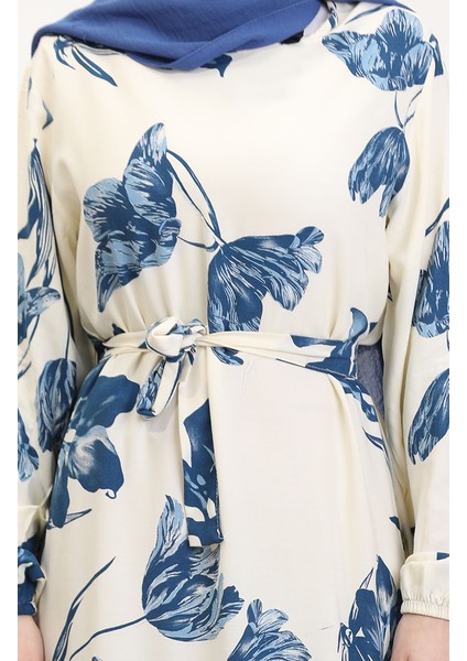 Desenli Kuşaklı Viskon Elbise 0022-02 Krem Petrol fırsatları