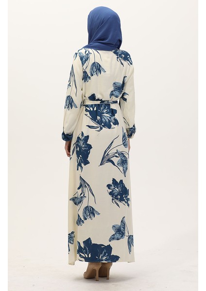 Desenli Kuşaklı Viskon Elbise 0022-02 Krem Petrol indirimleri