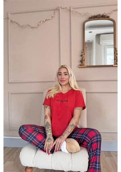 Kırmızı See The Good Desenli Kısa Kollu Örme Kadın Pijama Takım