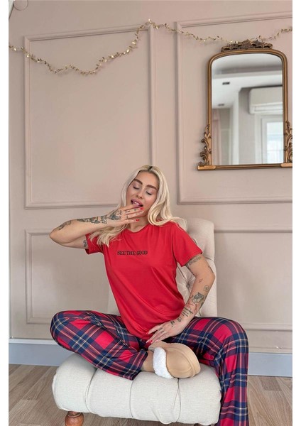 Kırmızı See The Good Desenli Kısa Kollu Örme Kadın Pijama Takım
