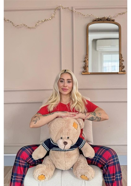 Kırmızı See The Good Desenli Kısa Kollu Örme Kadın Pijama Takım