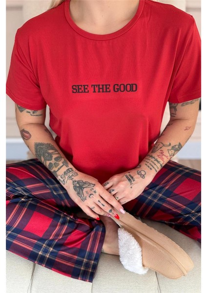 Kırmızı See The Good Desenli Kısa Kollu Örme Kadın Pijama Takım