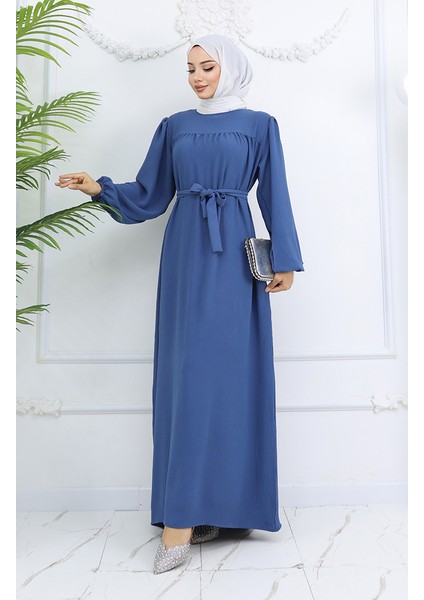 Krep Kumaş Kolu Lastikli Elbise 0029-02 Indigo