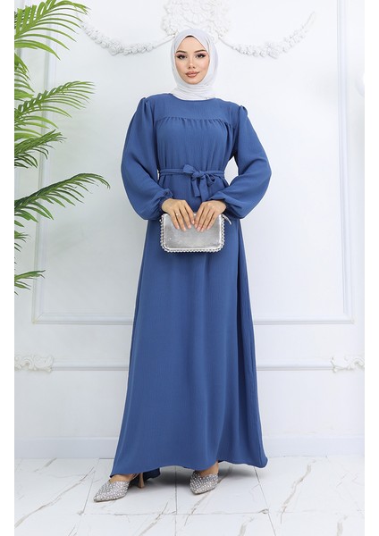 Krep Kumaş Kolu Lastikli Elbise 0029-02 Indigo fiyatları