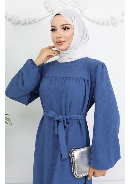 Krep Kumaş Kolu Lastikli Elbise 0029-02 Indigo modelleri
