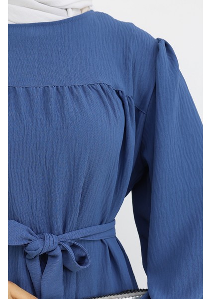 Krep Kumaş Kolu Lastikli Elbise 0029-02 Indigo fırsatları